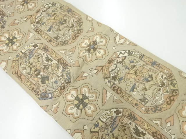 アンティーク　騎馬人物に草花模様織出し袋帯（材料）